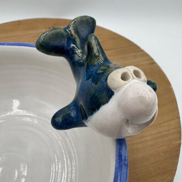 John Nishio Studio Art Pottery Bowl 2 Happy Dolphins Sharks Ocean Blue Trim 3D C - Picture 9 of 16